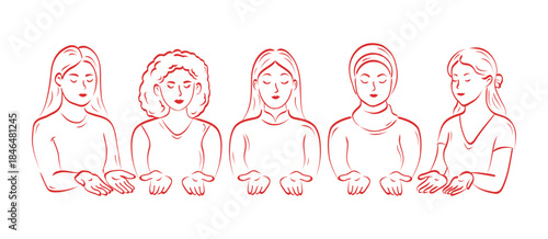 International Women's Day hand drawn Give To Gain. Diverse happy women with open palms  isolated on transparent background. Vector.