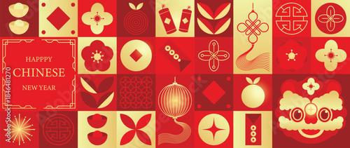 Happy Chinese New Year 2026 Year of the Horse vector geometric illustration with red gold and orange shapes. Modern festive design for greeting card poster banner packaging and background.