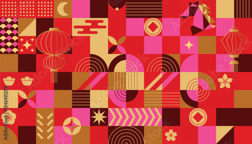 Happy Chinese New Year 2026 Year of the Horse vector geometric illustration with red gold and orange shapes. Modern festive design for greeting card poster banner packaging and background.