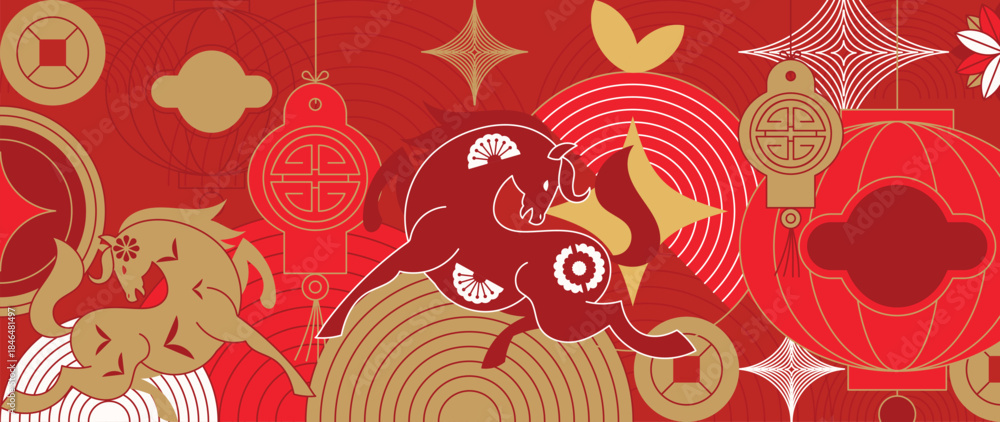 Fototapeta premium Happy Chinese New Year 2026 Year of the Horse vector illustration with red and gold zodiac horses lantern icons and lucky symbols. Design for greeting cards banners posters packaging and backgrounds.