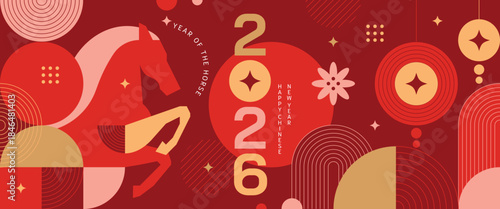 Happy Chinese New Year 2026 Year of the Horse vector geometric illustration with red and gold lantern elements. Modern festive design for greeting cards posters banners packaging and backgrounds.
