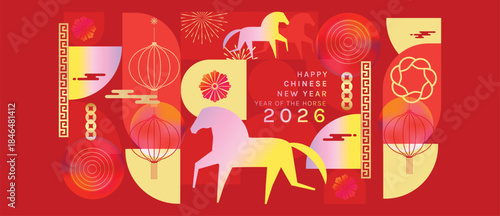 Happy Chinese New Year 2026 Year of the Horse vector geometric illustration with red and gold lantern elements. Modern festive design for greeting cards posters banners packaging and backgrounds.