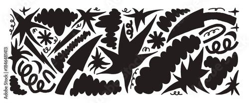 Geometric and organic figures silhouettes. Y2K paper collage with stars, arrows, clouds, and doodles. Black graphic illustration. Vector hand drawn set isolated on white background.