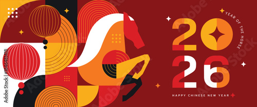 Happy Chinese New Year 2026 Year of the Horse vector geometric illustration with red and gold lantern elements. Modern festive design for greeting cards posters banners packaging and backgrounds.