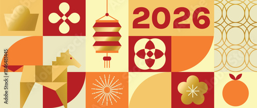 Happy Chinese New Year 2026 Year of the Horse vector geometric illustration with red gold and orange shapes. Modern festive design for greeting card poster banner packaging and background.