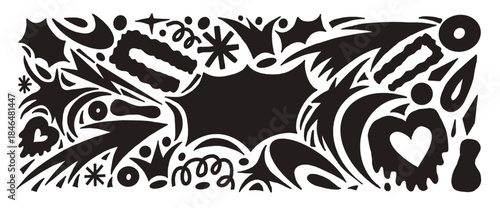 Bang callout background. Geometric and organic figures silhouettes. Y2K paper collage with stars, arrows, heart, and doodles. Black graphic illustration. Vector hand drawn set isolated no background.