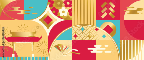 Happy Chinese New Year 2026 vector geometric illustration with red gold and turquoise elements. Festive oriental design featuring temple fan floral patterns for greeting card poster and background.