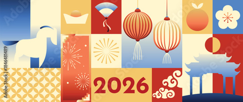 Happy Chinese New Year 2026 Year of the Horse vector geometric illustration with red gold and orange shapes. Modern festive design for greeting card poster banner packaging and background.