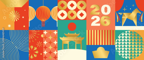 Happy Chinese New Year 2026 Year of the Horse vector geometric illustration with red gold green color blocks lantern patterns. Design for greeting cards posters banners packaging and background.