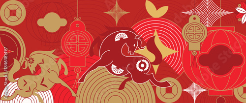  Happy Chinese New Year 2026 Year of the Horse vector illustration with red and gold zodiac horses lantern icons and lucky symbols. Design for greeting cards banners posters packaging and backgrounds.