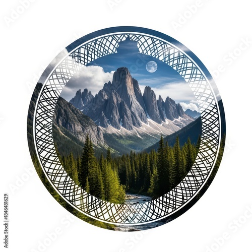 Odle Mountains Scenery Framed in Circle Against Blue Sky With Moon