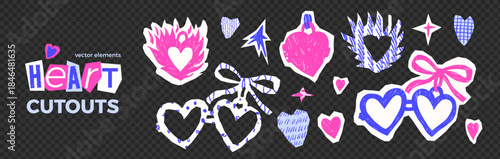 Hearts paper cutouts symbols. Heart in a fire, crayon frames stickers. Scrapbook romantic punk doodle torn tag elements for Valentine day scrawl design. Vector scribble collage stickers isolated no bg