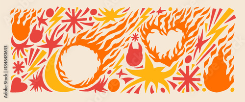 Fire flames, burned heart frames doodles composition. Scribble flames icons paper cutout pattern set. Bonfire warm colors stickers. Simple shapes vector naive element isolates on beige background.