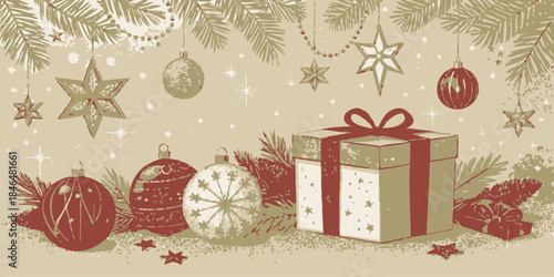 Festive holiday decorations with gift box and ornaments