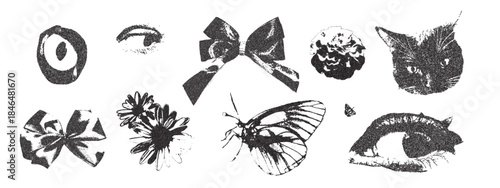Photocopy vintage bow, flowers, cat. Ribbon, eyes dadaism threshold collage effect. Dotted stippling black grunge elements. Vector y2k gritty retro floral, punk shapes isolated no background.