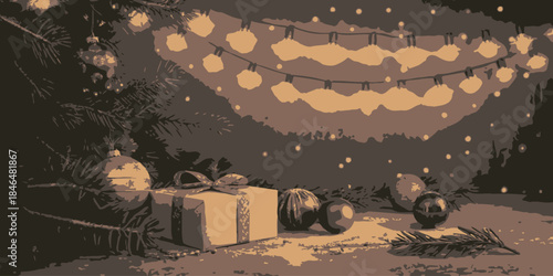 Cozy Christmas scene with presents and decorations at night