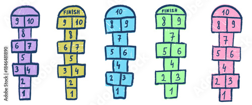 Hopscotch kids game chalk drawn outline set isolated on white background. Child-like playground outdoor entertainment. Kindergarten vector colorful crayon handwritten elements illustration.