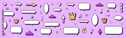Pixel y2k speech bubbles set. Pixelated dialogue boxes. 8 bit callouts clouds. Game pixel art chat text boxes with crown, music note, arrows. Vector talk frames balloons messages isolated on grid bg.