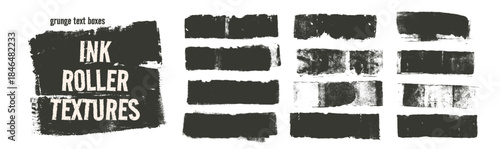 Set of black roller rough ink textures. Charcoal or paint brush strokes. Rectangle grunge text boxes. Wide brush stroke streaks set. Quotation boxes grange textures. Vector ink rolled border elements.
