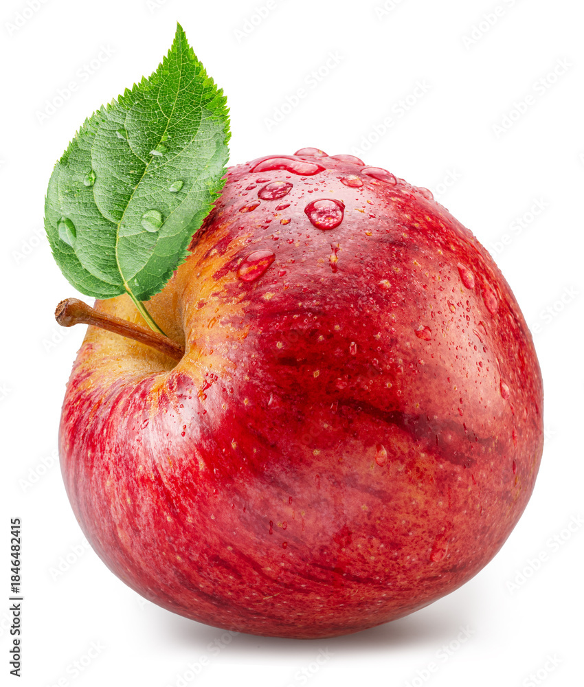 Naklejka premium Ripe red apple with green leaf covered with water drops on white background. File contains clipping path.