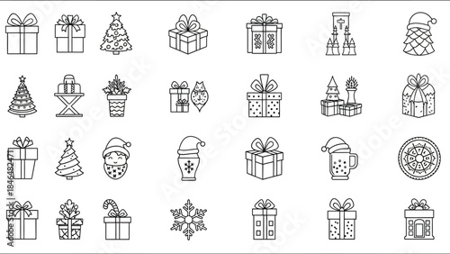Extensive Outline Christmas Gift Boxes and Holiday Tree Icons Set, Decorative Vector Elements for Festive Packaging and Winter Celebrations