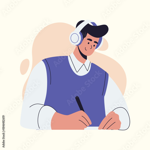 student enjoying music while taking notes illustration