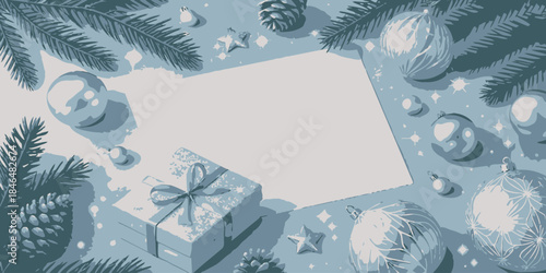 Festive Christmas background with gift box and ornaments in blue hues