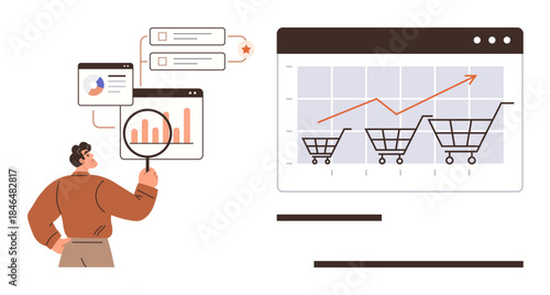 Man analyzing growth charts, data dashboards, shopping cart icons with upward graph. Ideal for e-commerce, analytics, marketing, business strategy, sales growth, online trends simple flat metaphor