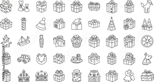 Massive Collection of Outline Christmas Gift Boxes and Diverse Holiday Icons, Intricate Line Art Vector Elements for Detailed Festive Designs