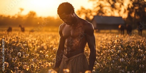 Tired african american slave working in cotton field at sunset