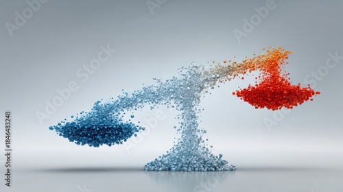 Digital Balance Scale Representing Equilibrium and Imbalance with Blue and Red Particles.