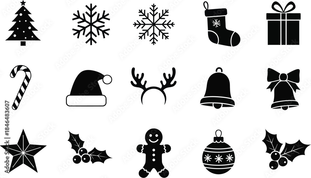 Obraz premium Concise Black Christmas Icons Set with Essential Holiday Symbols, Minimalist Silhouette Vector Graphics for Quick Festive Design Elements