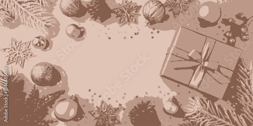 Warm sepia Christmas background with gift box and decorations