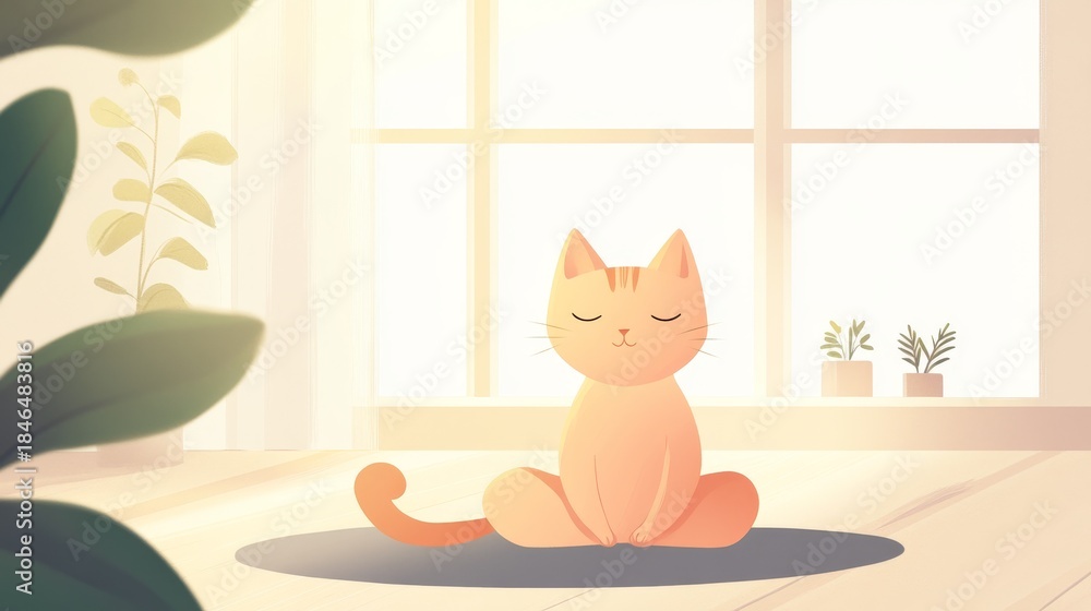 Fototapeta premium 29.A playful vector image of a cat in a meditative Namaste pose, with its tail curled neatly beside it. The background is soft and minimalistic, with soft light filtering through windows,