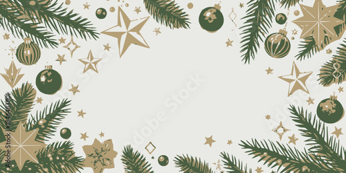 Elegant Christmas border with green pine branches and gold ornaments
