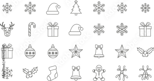 Simple Black Line Art Christmas Icon Set: Festive Holiday Symbols including Snowflakes, Santa Hats, Gifts, Reindeer, and Gingerbread Man for Winter Designs.