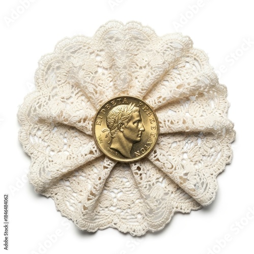 Elegant Gold Coin Portrait on Lacy Doily Background