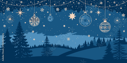 Magical winter night with snowflakes and Christmas ornaments hanging in the sky