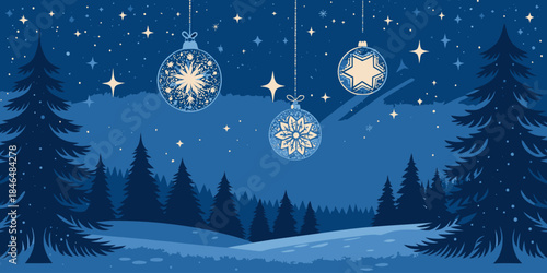 Magical winter wonderland scene with hanging Christmas ornaments