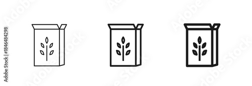 Vector icon of a cereal box with a grain symbol in thin, regular, and bold outline styles. Packaged food, nutrition and healthy breakfast concept. Web design, mobile interface pictogram