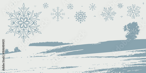 Snowflakes falling on serene winter landscape with rolling hills