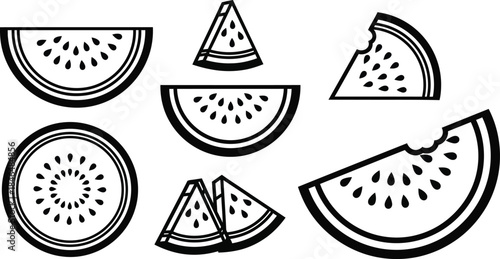Collection of stylized black and white illustrations of watermelon slices and wedges