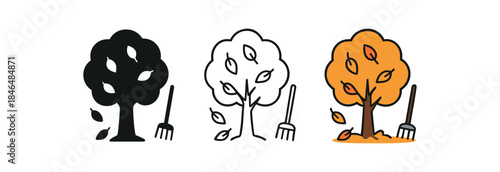 seasonal lifestyle autumn tree with falling leaves and small rake