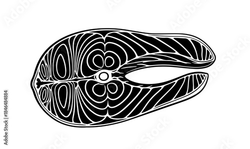 A bold, high-contrast illustration features a stylized fish steak cross-section, intricately mapping the muscle layers and central bone with flowing white lines against a solid black background shape