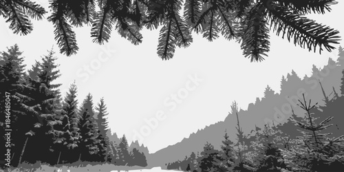 Monochrome forest landscape with snow-covered pine trees and mountain range