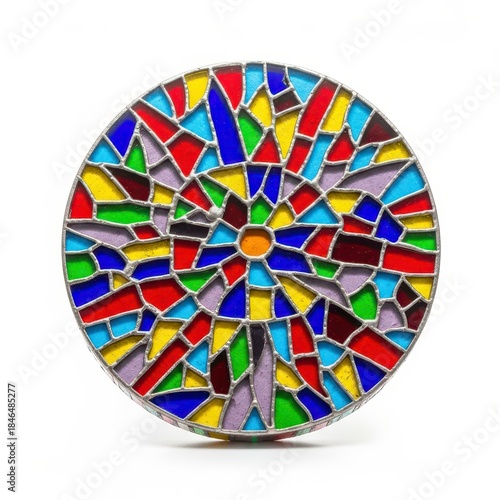 Circular Stained Glass Mandala With Colorful Fragments and Lead Dividers