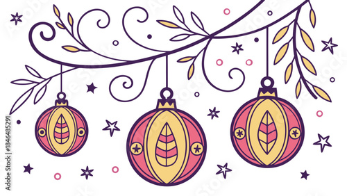 Christmas ornaments on branch isolated on transparent background