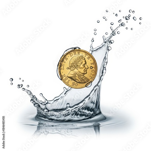 Gold Coin With Water Splash, Isolated on White