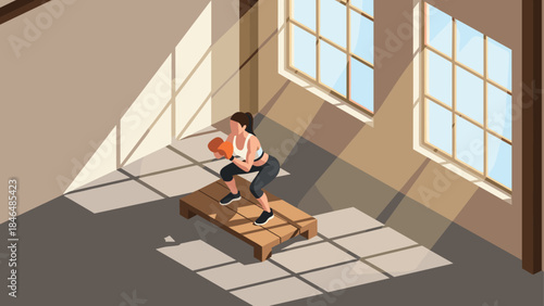 Isometric fitness studio scene with woman exercising on step platform in sunlit gym