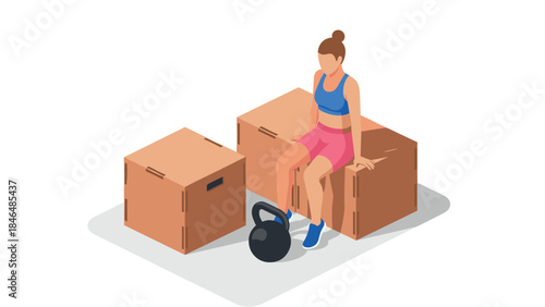 Female athlete resting after workout with boxes and kettlebell in isometric style